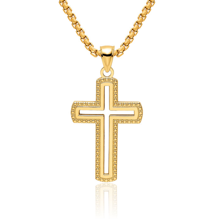 14K Solid Yellow Gold Beaded Latin Mexican Holy Cross Necklace Religious Chain Pendant Jesus Christ Charm