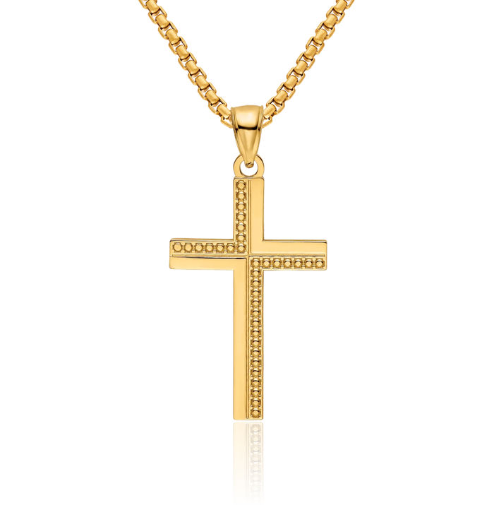 14K Solid Yellow Gold Beaded Latin Mexican Holy Cross Necklace Religious Chain Pendant Jesus Christ Charm