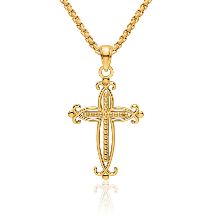 14K Solid Yellow Gold Beaded Latin Mexican Holy Cross Necklace Religious Chain Pendant Jesus Christ Charm