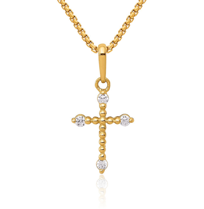 14K Solid Yellow Gold Beaded Cubic Zirconia CZ Holy Cross Necklace Religious Chain Pendant Jesus Christ Charm
