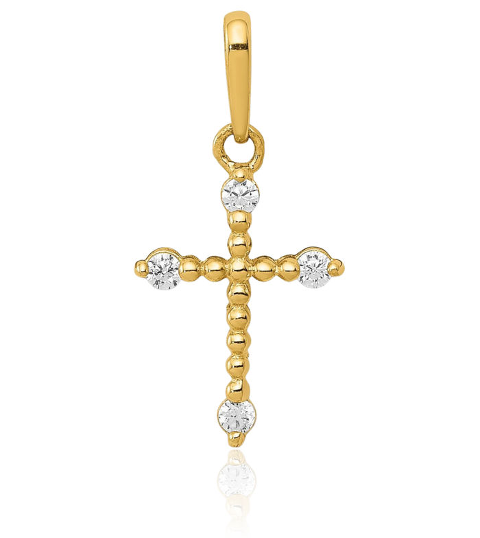 14K Solid Yellow Gold Beaded Cubic Zirconia CZ Holy Cross Necklace Religious Chain Pendant Jesus Christ Charm