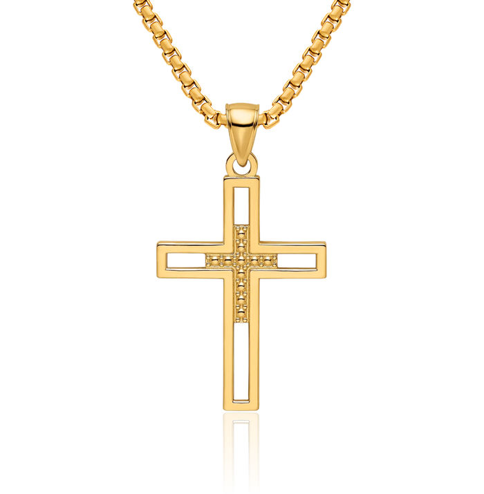 14K Solid Yellow Gold Beaded Double Latin Mexican Holy Cross Necklace Religious Chain Pendant Jesus Christ Charm