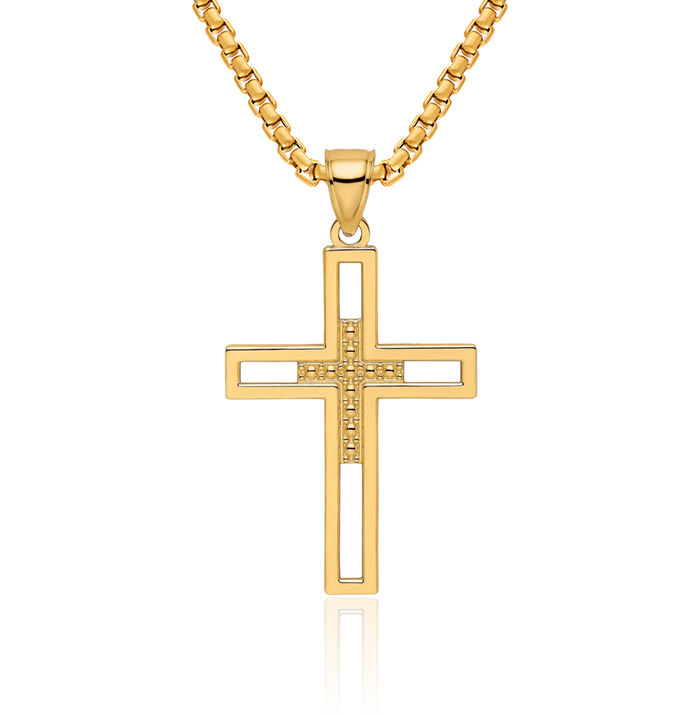 14K Solid Yellow Gold Beaded Double Latin Mexican Holy Cross Necklace Religious Chain Pendant Jesus Christ Charm