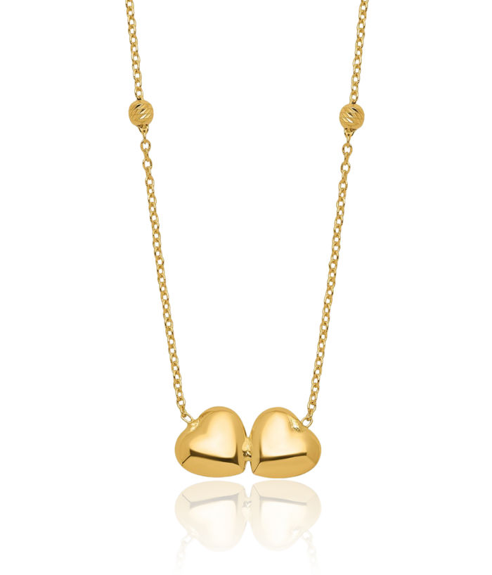 14K Solid Yellow Gold Beaded Double Heart Necklace Love Pendant Friendship Charm Chain