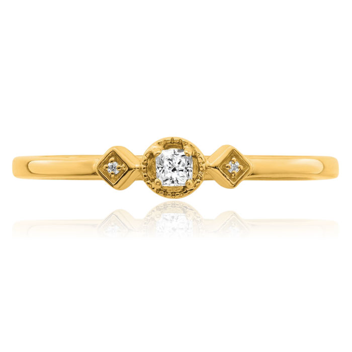 14K Solid Yellow Gold Beaded Edge 3 Stone Cushion-Cut Diamond Promise Ring Engagement Wedding Band Bridal Jewelry