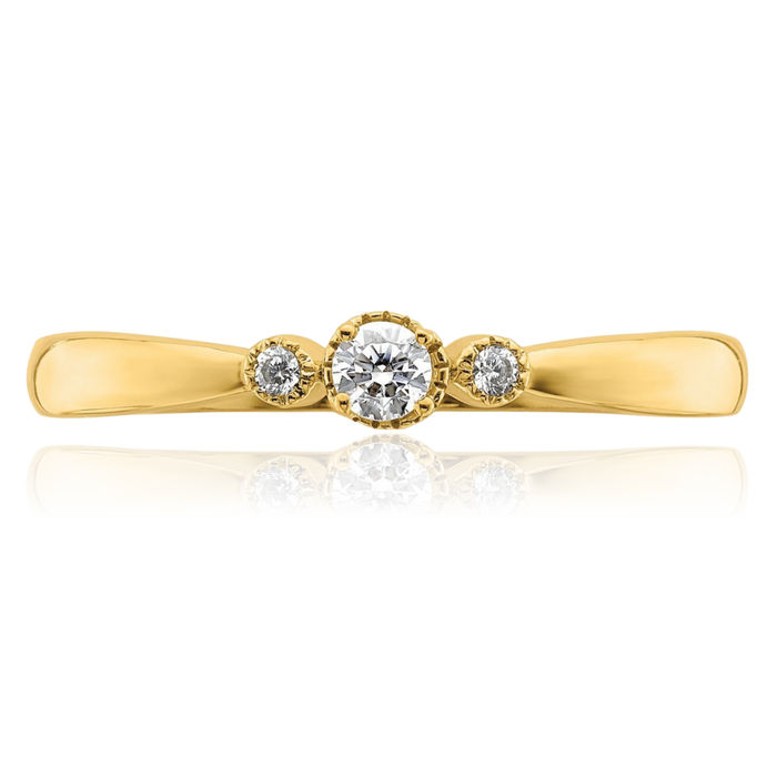 14K Solid Yellow Gold Beaded Edge 3 Stone Round Diamond Promise Ring Engagement Wedding Band Bridal Jewelry