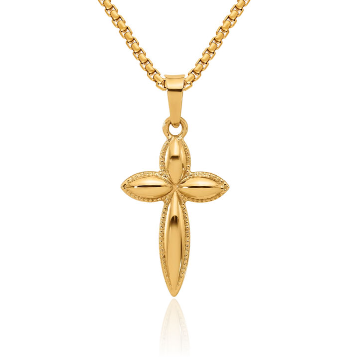 14K Solid Yellow Gold Beaded Edge Passion Holy Cross Necklace Religious Chain Pendant Jesus Christ Charm