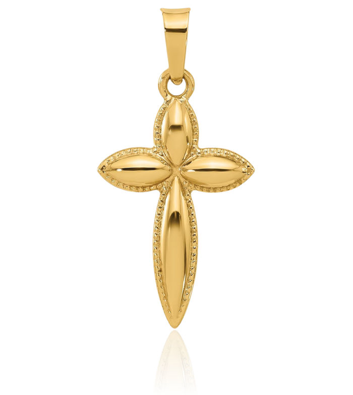 14K Solid Yellow Gold Beaded Edge Passion Holy Cross Necklace Religious Chain Pendant Jesus Christ Charm