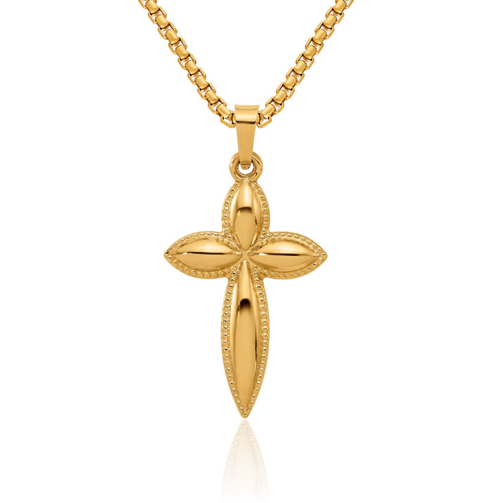 14K Solid Yellow Gold Beaded Edge Passion Holy Cross Necklace Religious Chain Pendant Jesus Christ Charm