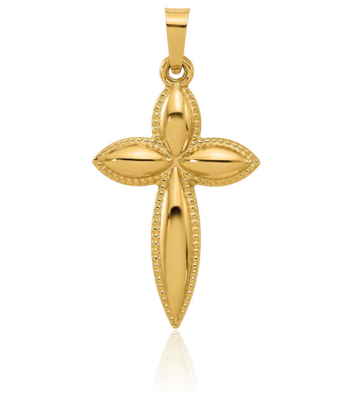 14K Solid Yellow Gold Beaded Edge Passion Holy Cross Necklace Religious Chain Pendant Jesus Christ Charm
