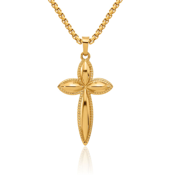 14K Solid Yellow Gold Beaded Edge Passion Holy Cross Necklace Religious Chain Pendant Jesus Christ Charm