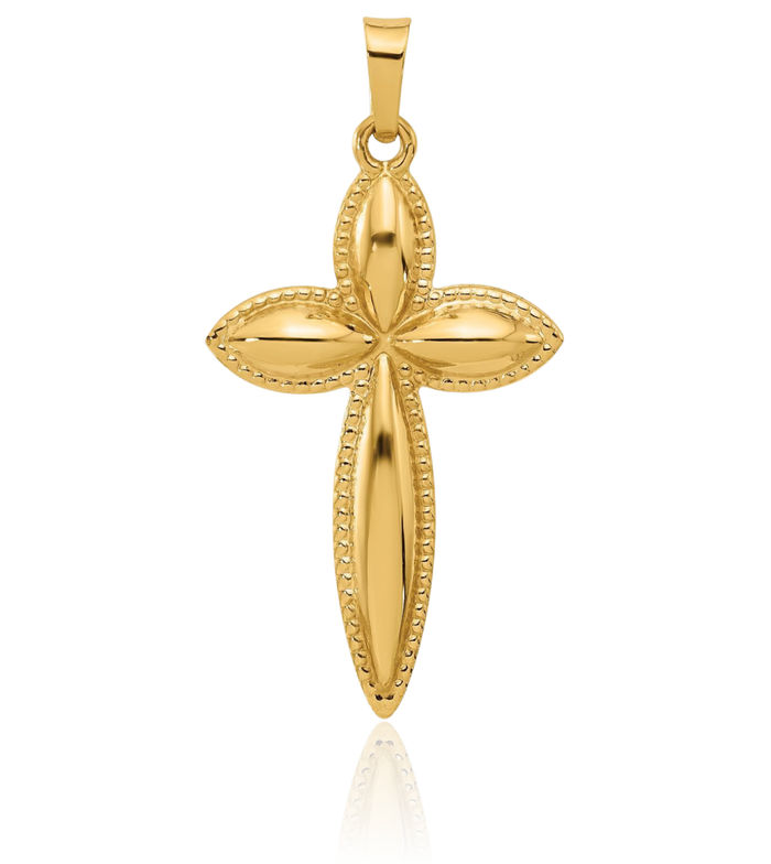 14K Solid Yellow Gold Beaded Edge Passion Holy Cross Necklace Religious Chain Pendant Jesus Christ Charm