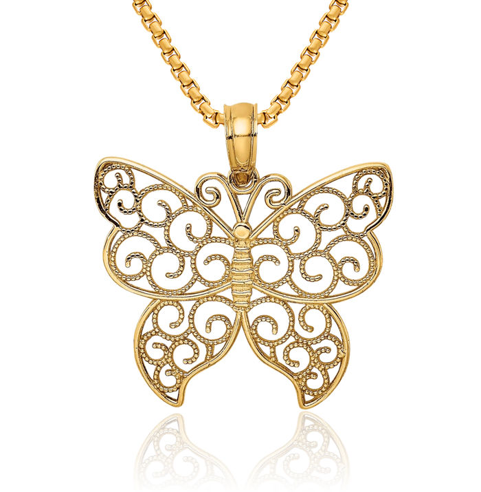 14K Solid Yellow Gold Beaded Antique Filigree Butterfly Wings Necklace Chain Pendant Charm