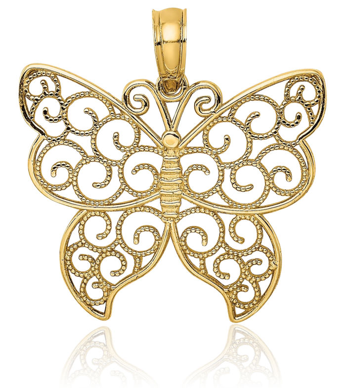 14K Solid Yellow Gold Beaded Antique Filigree Butterfly Wings Necklace Chain Pendant Charm