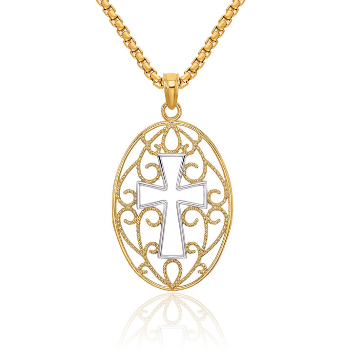 14K Solid Yellow Gold Beaded Antique Filigree Holy Cross Necklace Religious Chain Pendant Jesus Christ Charm