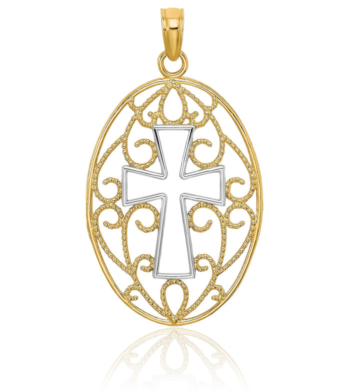 14K Solid Yellow Gold Beaded Antique Filigree Holy Cross Necklace Religious Chain Pendant Jesus Christ Charm
