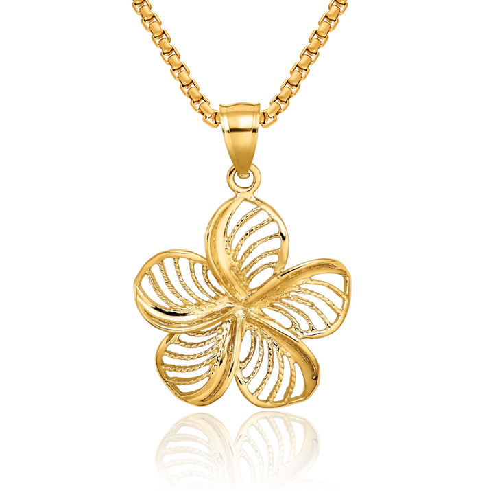 14K Solid Yellow Gold Beaded Hawaiian Plumeria Flower Necklace Chain Pendant Charm