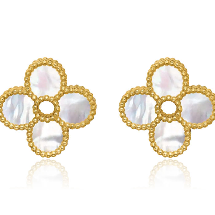 14K Solid Yellow Gold Beaded Mother of Pearl Flower Stud Earrings