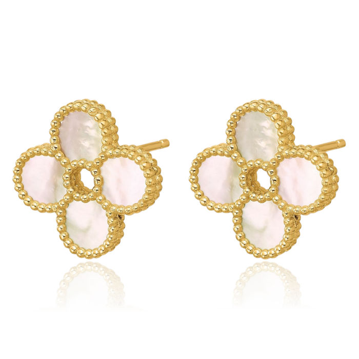 14K Solid Yellow Gold Beaded Mother of Pearl Flower Stud Earrings