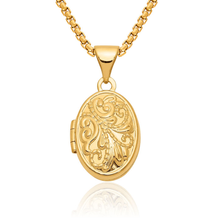 14K Solid Yellow Gold Beaded Oval Personalized Photo Locket Necklace Picture Pendant Charm