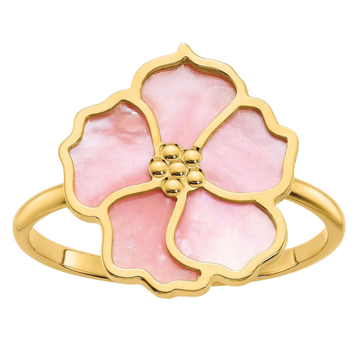 14K Solid Yellow Gold Beaded Pink Mother of Pearl Flower Ring