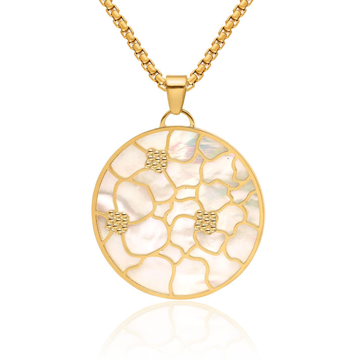 14K Solid Yellow Gold Beaded Reversible Pink White Mother of Pearl Flower Circle Round Necklace Chain Pendant Charm