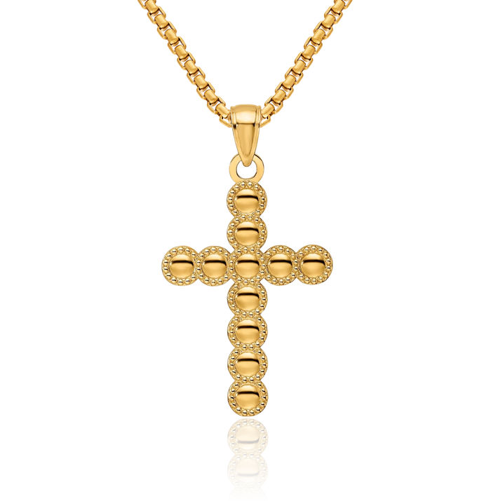 14K Solid Yellow Gold Beaded Circle Round Holy Cross Necklace Religious Chain Pendant Jesus Christ Charm