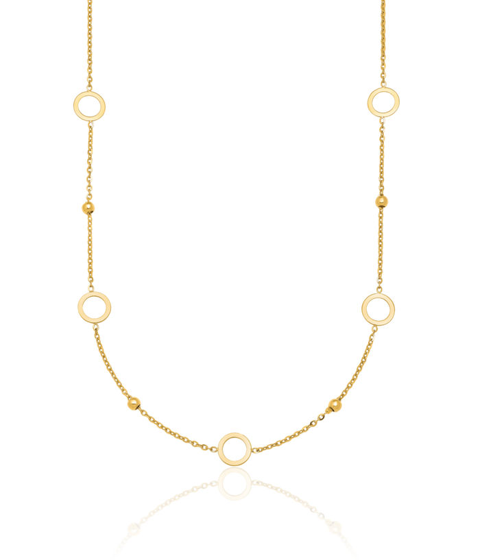 14K Solid Yellow Gold Beaded Circle Round Geometric Station Chain Necklace