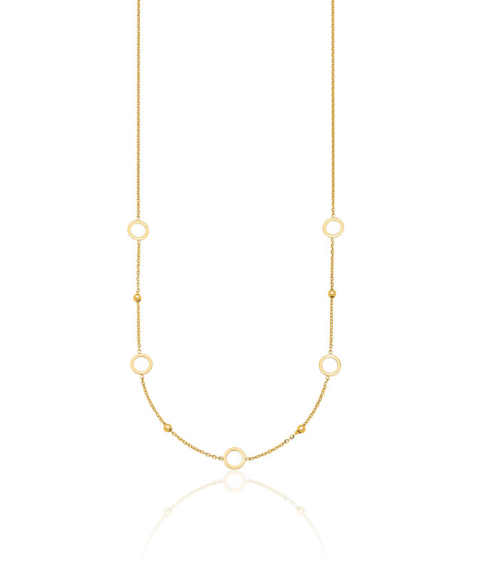 14K Solid Yellow Gold Beaded Circle Round Geometric Station Chain Necklace