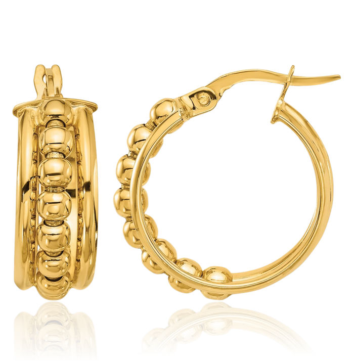 14K Solid Yellow Gold Beaded Round Medium Hoop Earrings