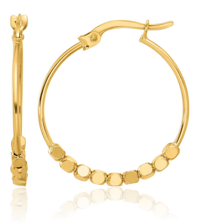 14K Solid Yellow Gold Beads Round Medium Hoop Earrings