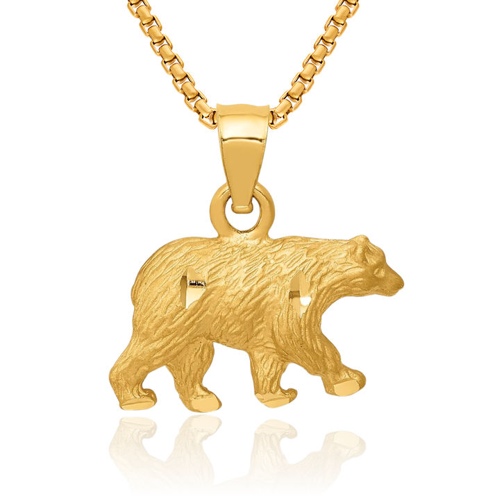 14K Solid Yellow Gold Bear Necklace Chain Pendant Charm