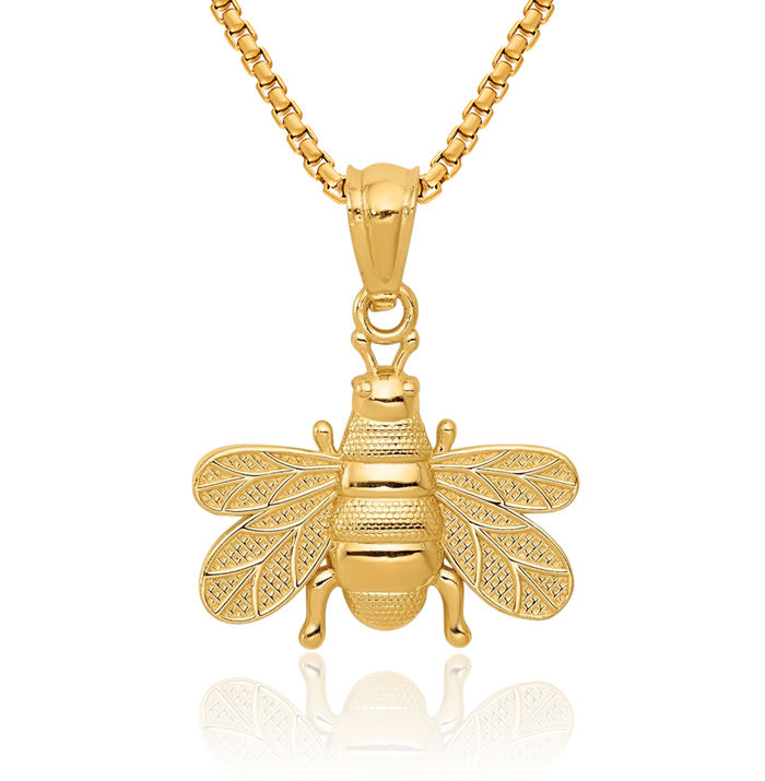 14K Solid Yellow Gold Queen Bumble Bee Necklace Honeybee Pendant Beekeeper Charm