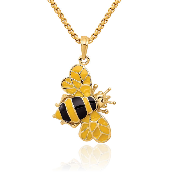 14K Solid Yellow Gold Queen Bumble Bee Necklace Honeybee Pendant Beekeeper Charm