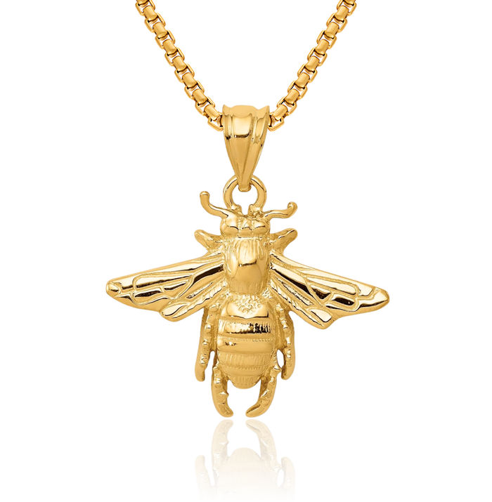 14K Solid Yellow Gold Queen Bumble Bee Necklace Honeybee Pendant Beekeeper Charm