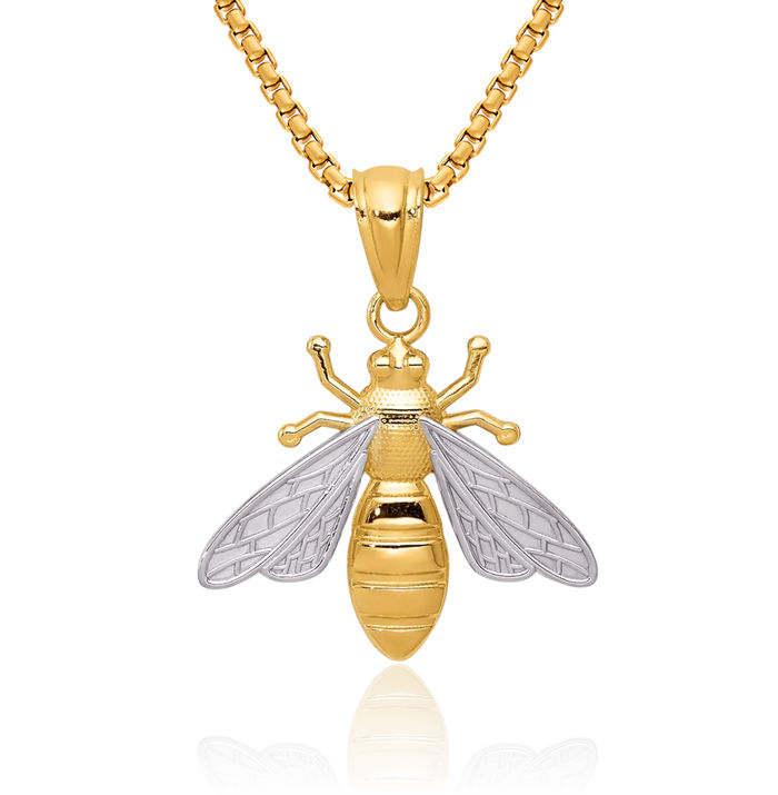 14K Solid Yellow Gold Queen Bumble Bee Necklace Honeybee Pendant Beekeeper Charm