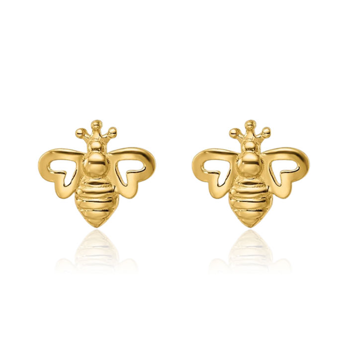 14K Solid Yellow Gold Queen Bumble Bee Studs Honeybee Beekeeper Earrings
