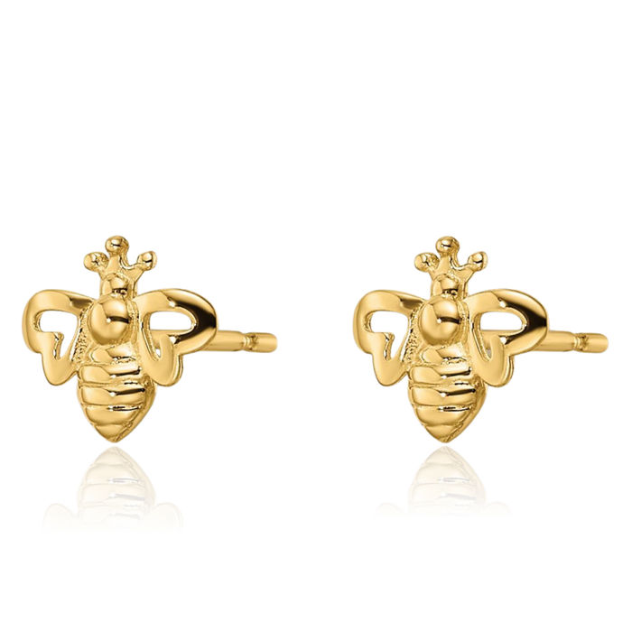 14K Solid Yellow Gold Queen Bumble Bee Studs Honeybee Beekeeper Earrings