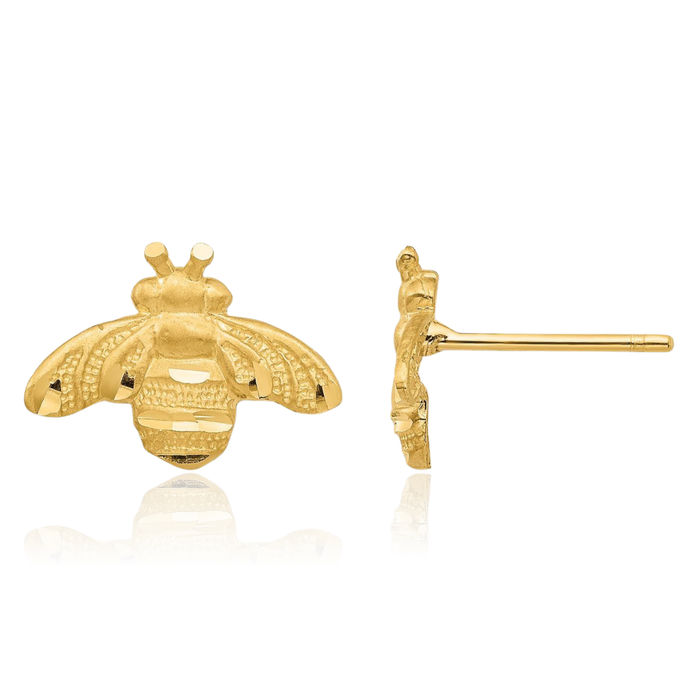14K Solid Yellow Gold Queen Bumble Bee Studs Honeybee Beekeeper Earrings