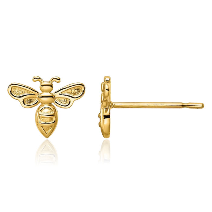 14K Solid Yellow Gold Queen Bumble Bee Studs Honeybee Beekeeper Earrings