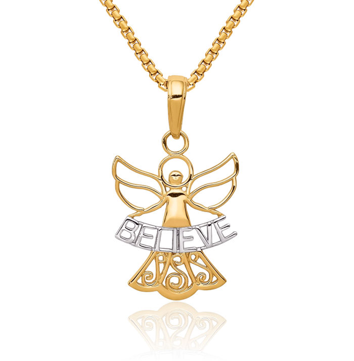 14K Solid Yellow Gold Believe Guardian Angel Wings Necklace Protect Us Cherub Pendant Religious Charm