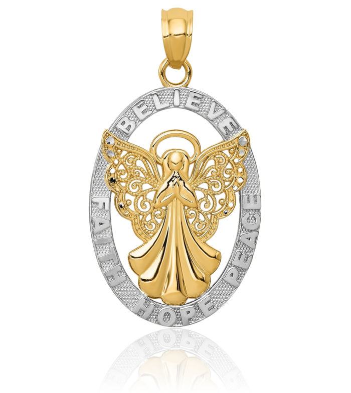 14K Solid Yellow Gold Believe Peace Faith Hope Guardian Angel Wings Necklace Protect Us Cherub Pendant Religious Charm