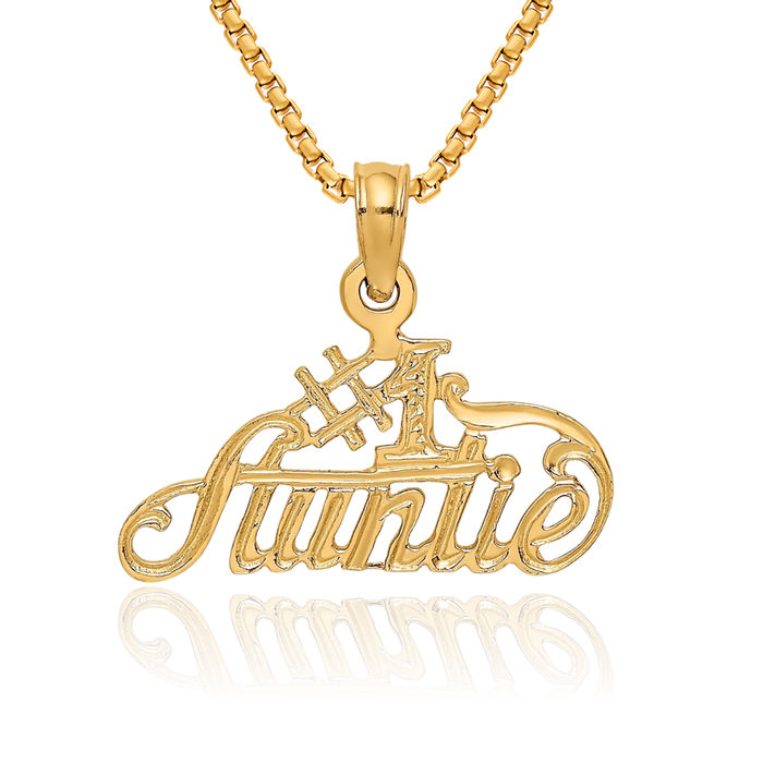 14K Solid Yellow Gold Best Auntie Necklace Aunt Pendant Family Charm