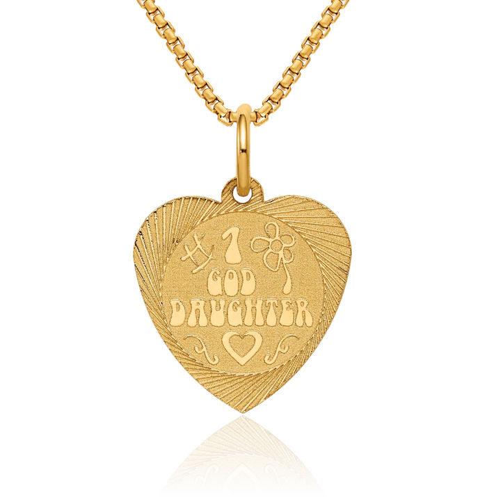 14K Solid Yellow Gold Best Goddaughter Heart Disc Necklace Chain Pendant Charm