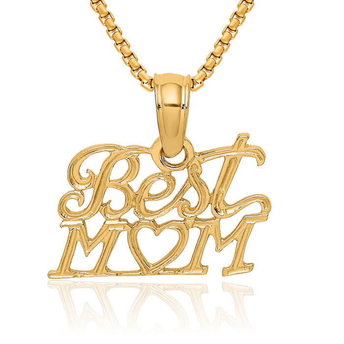 14K Solid Yellow Gold Best Mom Heart Necklace Mama Charm Mother Pendant