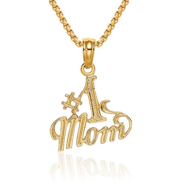 14K Solid Yellow Gold Best Mom Necklace Mama Charm Mother Pendant