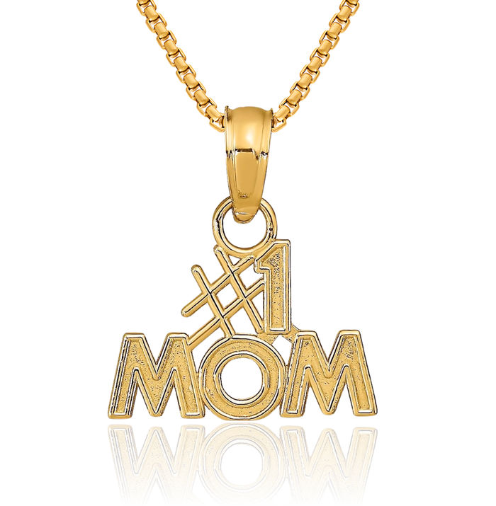 14K Solid Yellow Gold Best Mom Necklace Mama Charm Mother Pendant