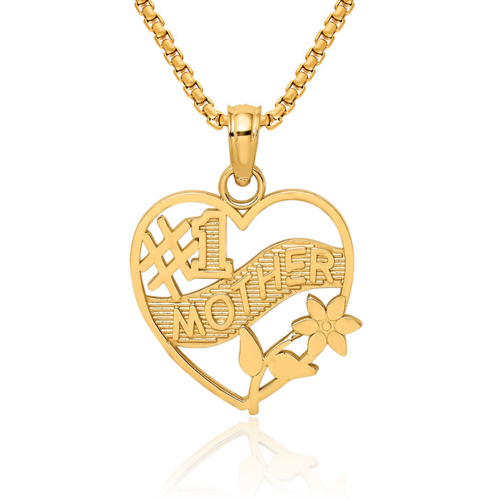 14K Solid Yellow Gold Best Mother Heart Necklace Love Pendant Charm