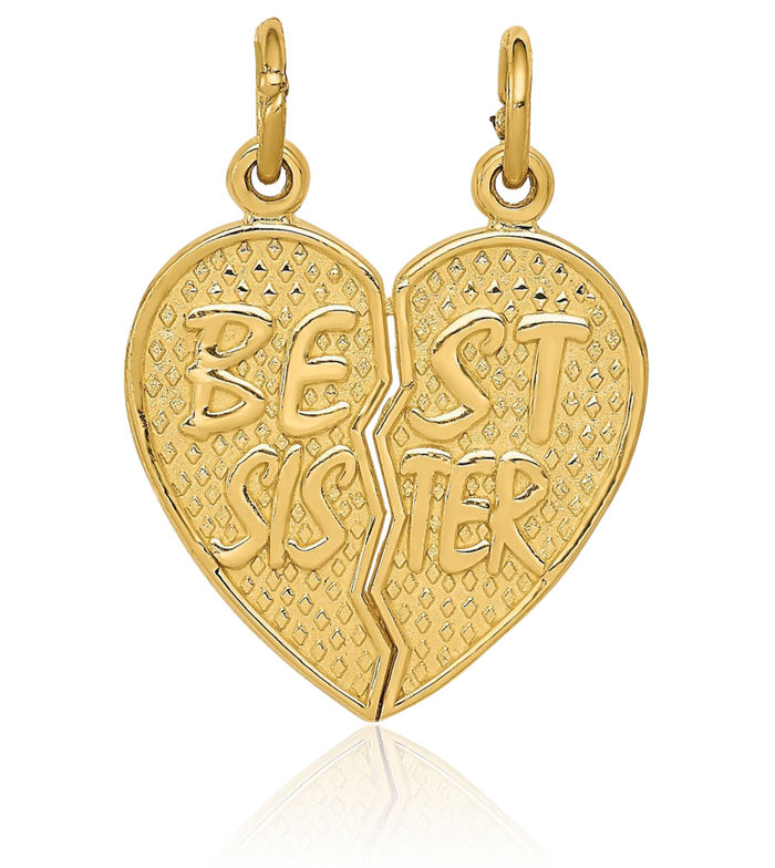 14K Solid Yellow Gold Best Sister Break-apart Necklace Chain Pendant Charm