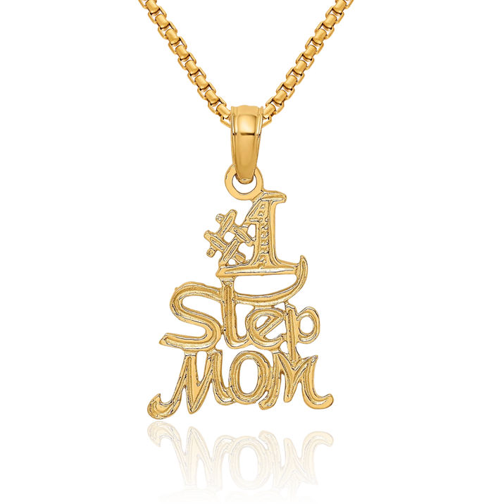 14K Solid Yellow Gold Best Step Mom Necklace Mama Charm Mother Pendant